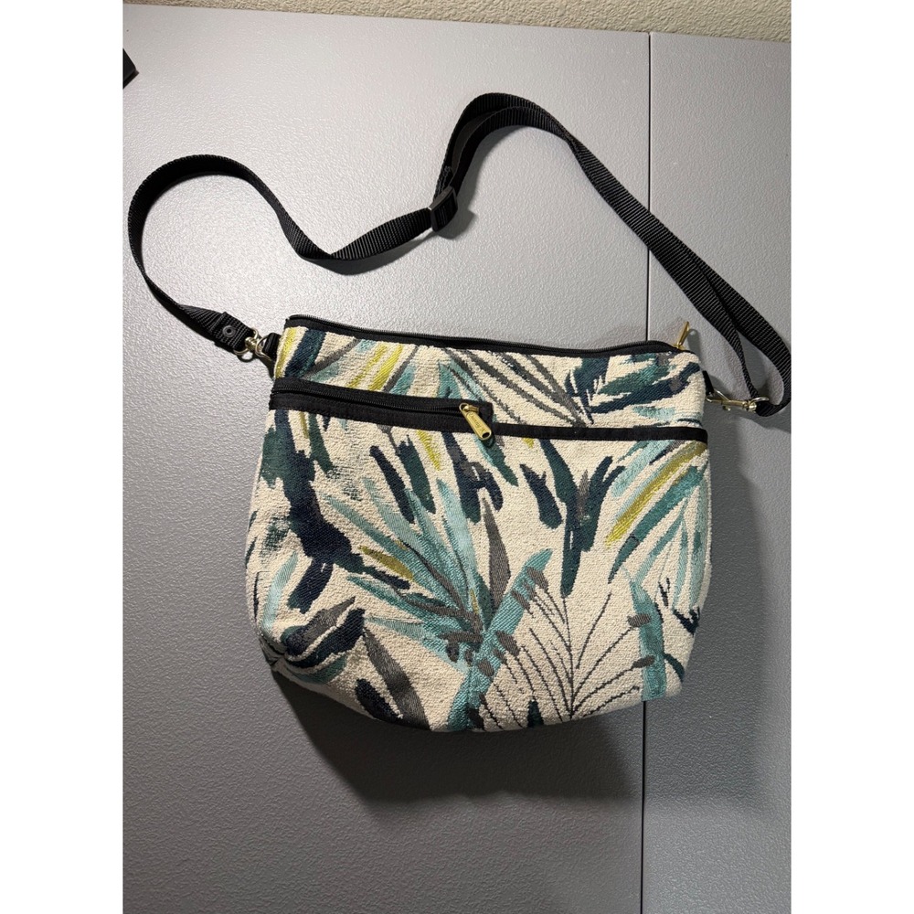 Danny K Tapestry Crossbody Bag Tropical Leaf Pattern Made in USA Green Teal